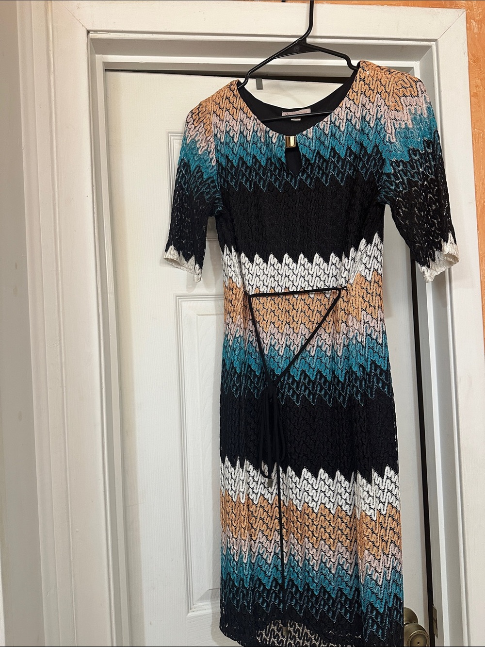 Black Chevron Midi Dress with Teal & Tan Accents